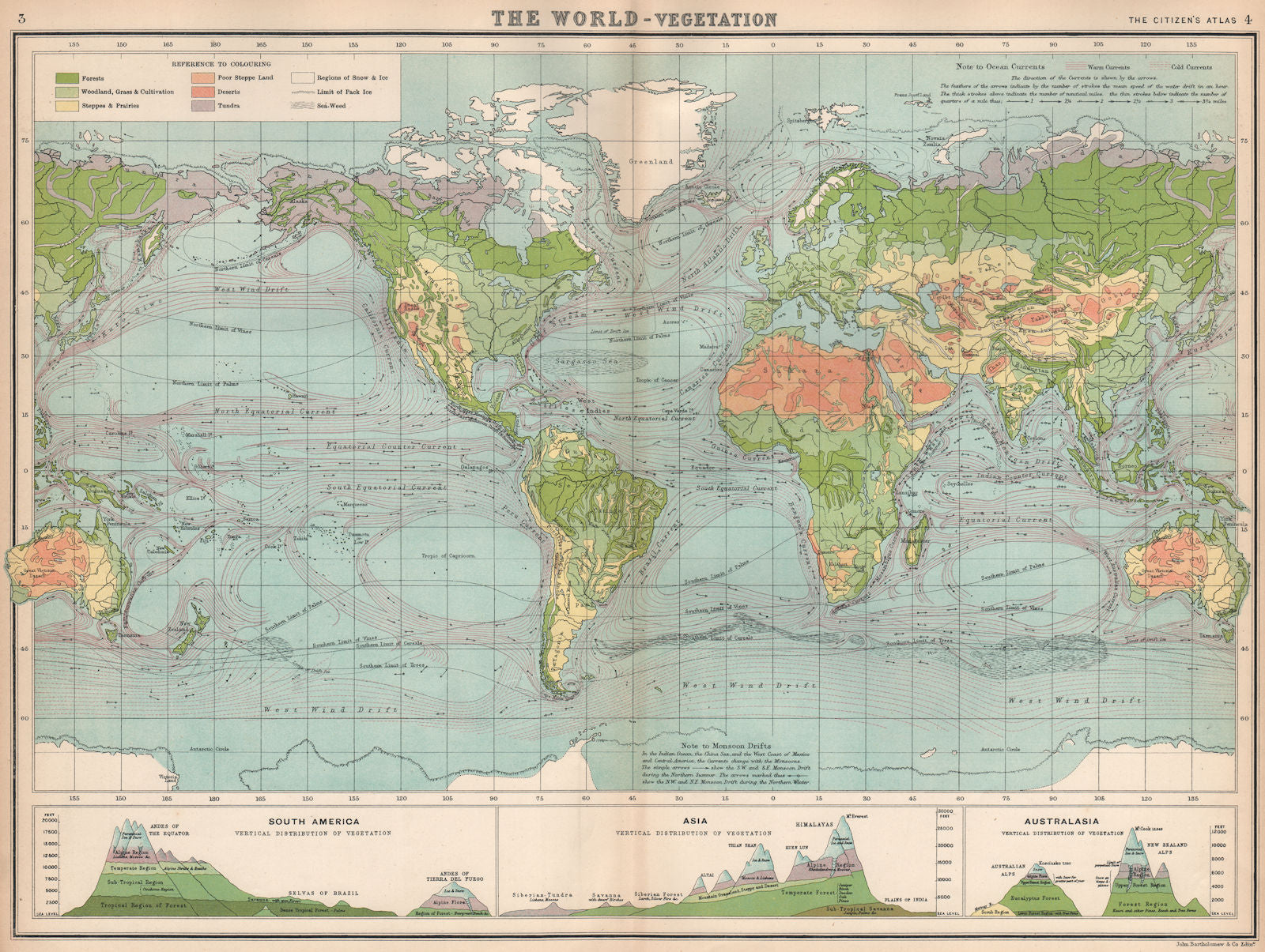 WORLD VEGETATION & OCEAN CURRENTS & vertical distribution of vegetation 1912 map